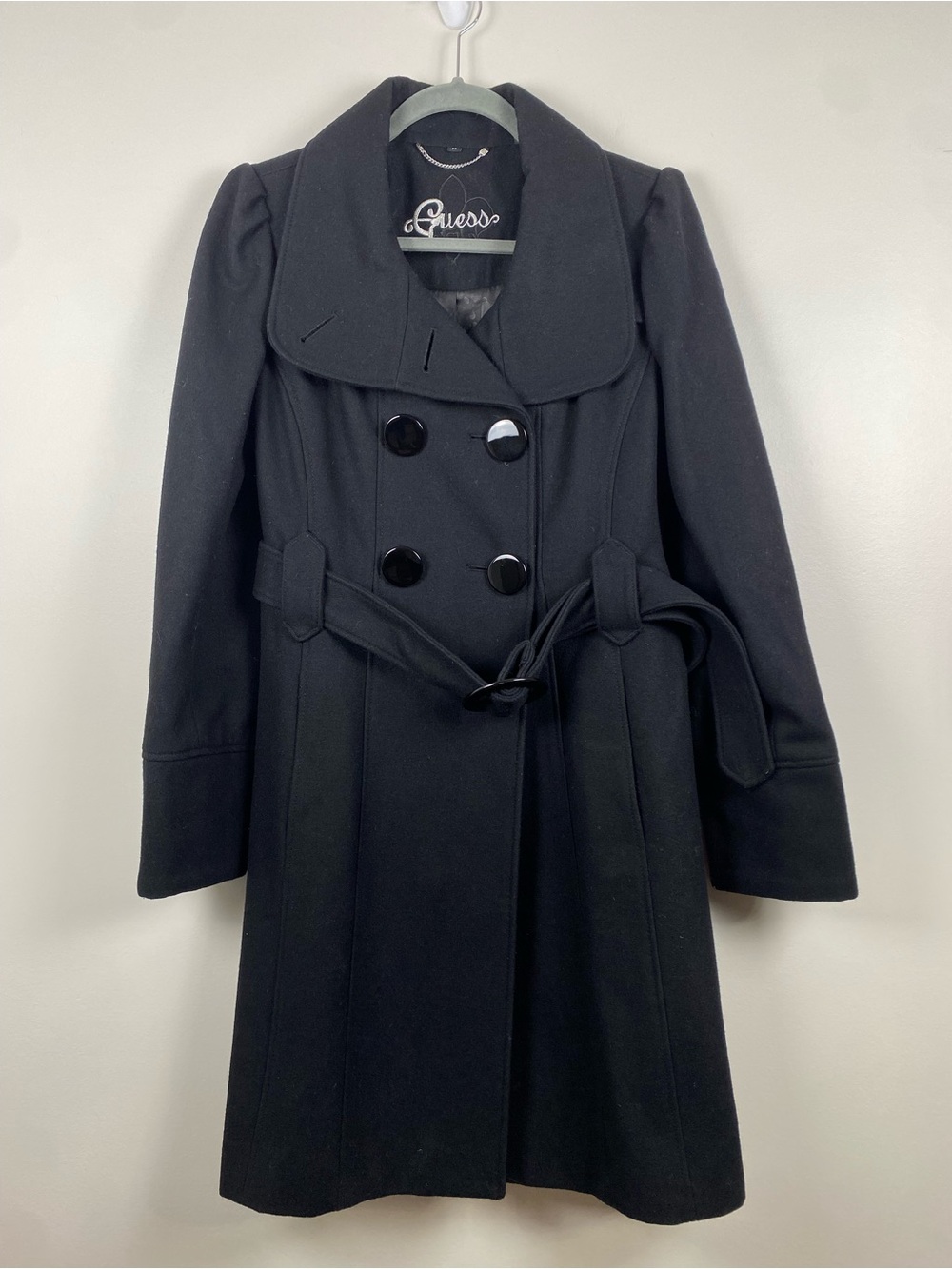 Guess Women's Black Wool Blend Double-Breasted Belted Coat Medium